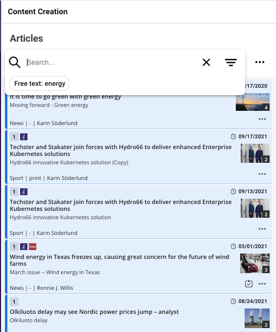 Example of articles in a search